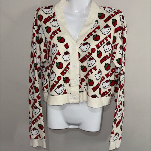 Dumbgood Sanrio Hello Kitty Strawberries Waffle Knit Cropped Cream Cardigan L - Picture 3 of 15